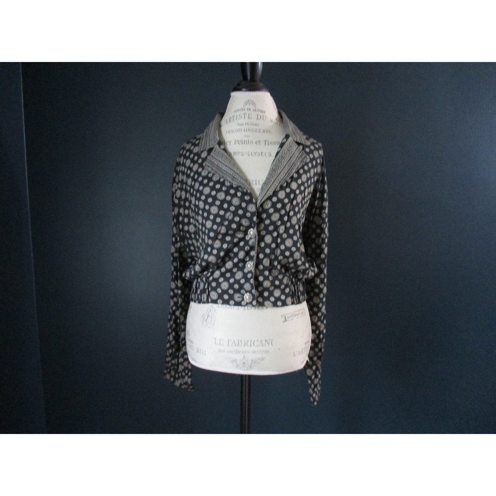 Vintage Herve Leger Black Printed Button Cropped Long Sleeve Blouse Size Large